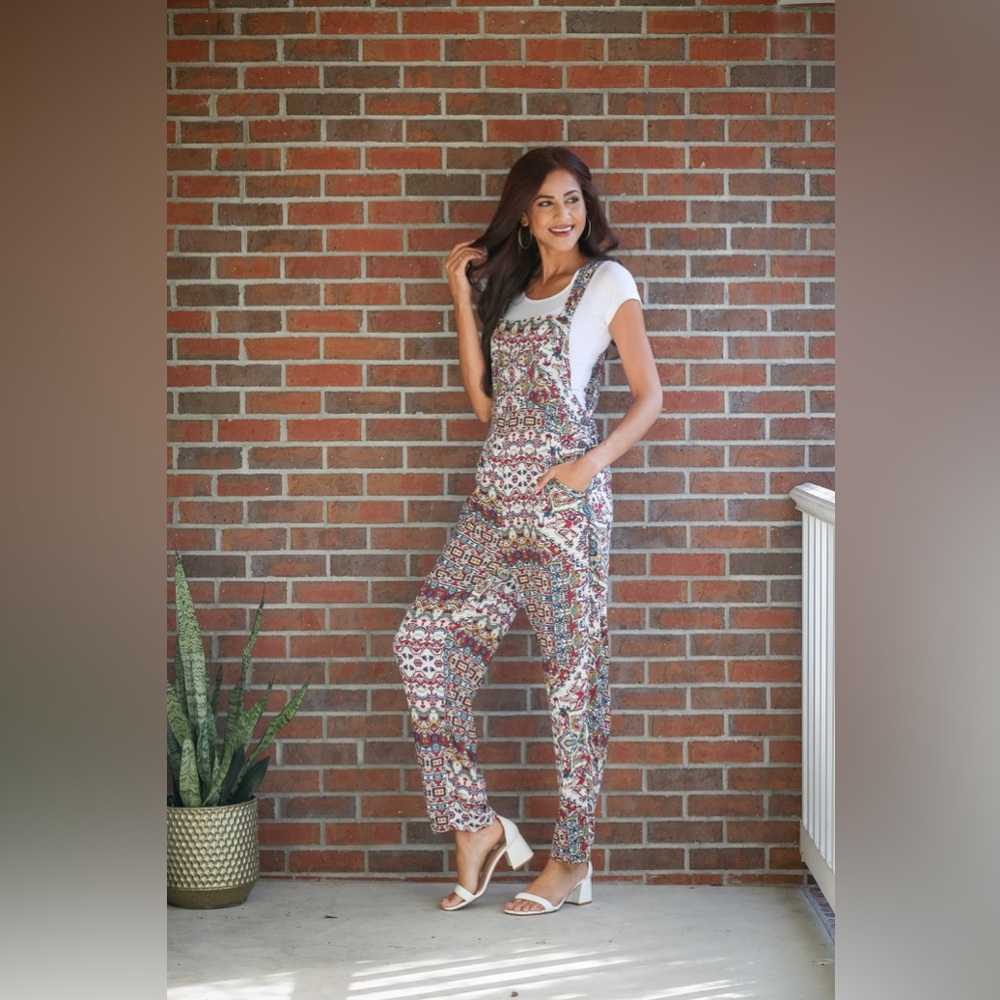 Sacred Threads Boho Print Wide Leg Overalls Jumper Size S/M NWT